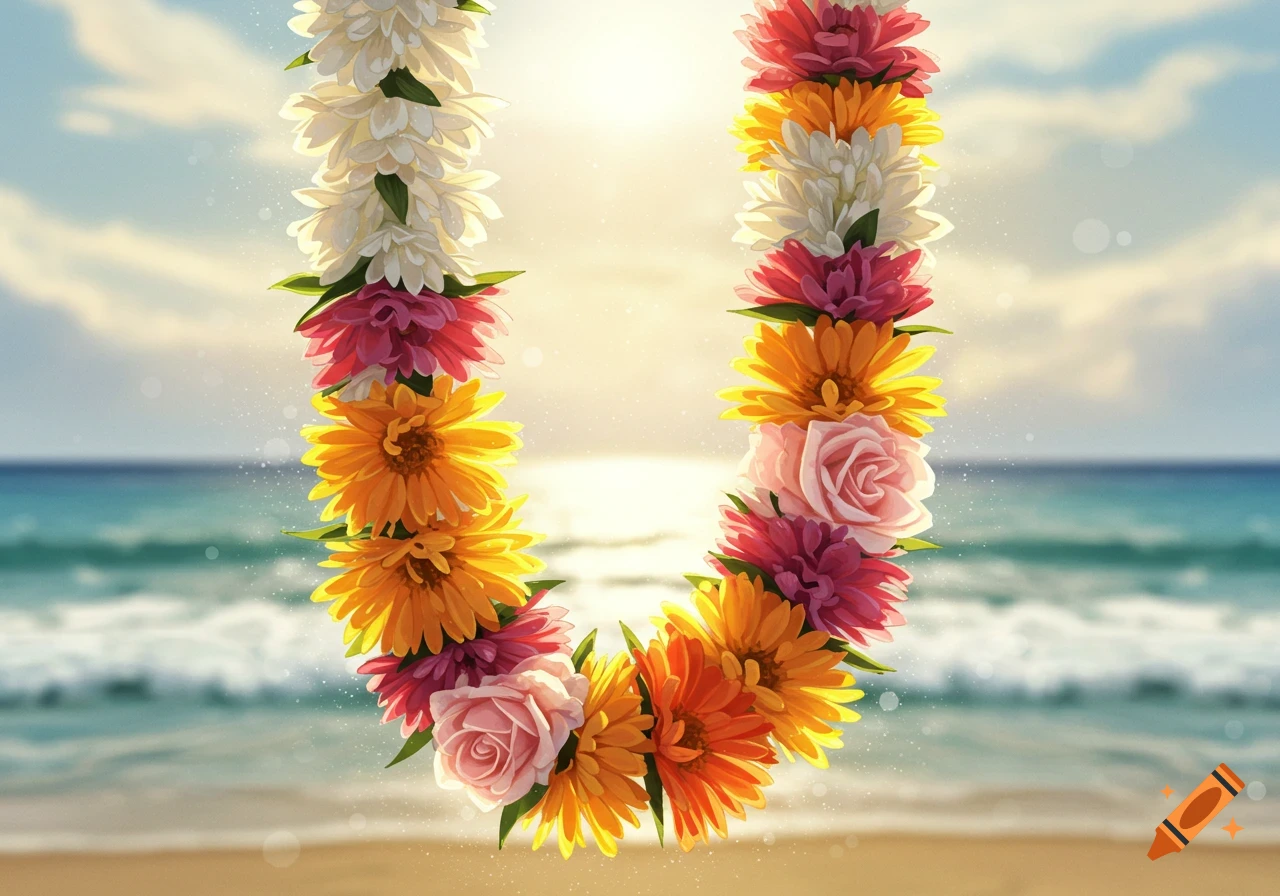 A vibrant, U-shaped flower lei made of various colorful blooms against a sunny beach with blurry ocean waves.