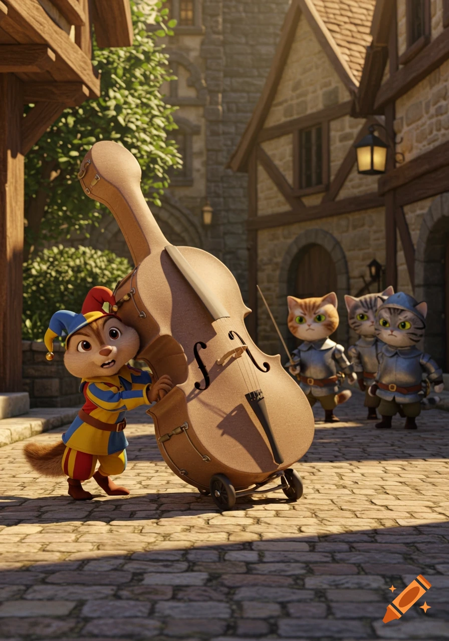 A chipmunk jester pushes a giant cello case past angry cat guards in a medieval town square, in a 3D animated style.