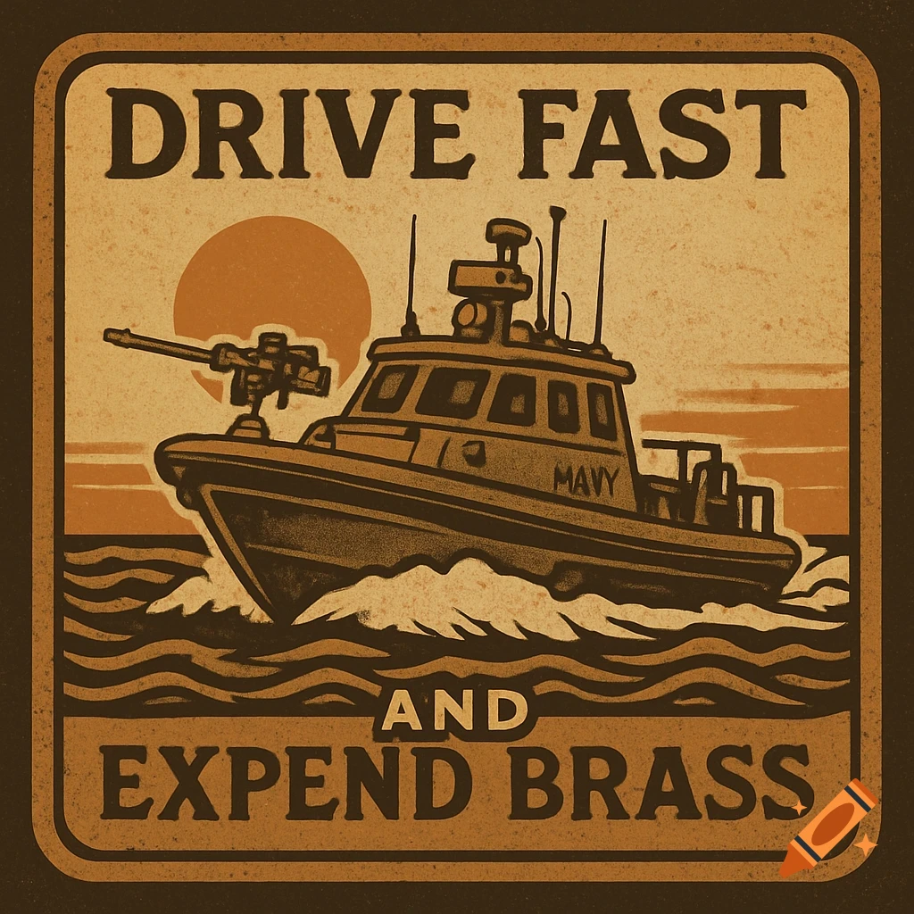 A retro-style square patch in earth tones, depicting a patrol boat with a machine gun on the bow, speeding through waves under a setting sun. Text reads "DRIVE FAST AND EXPEND BRASS".