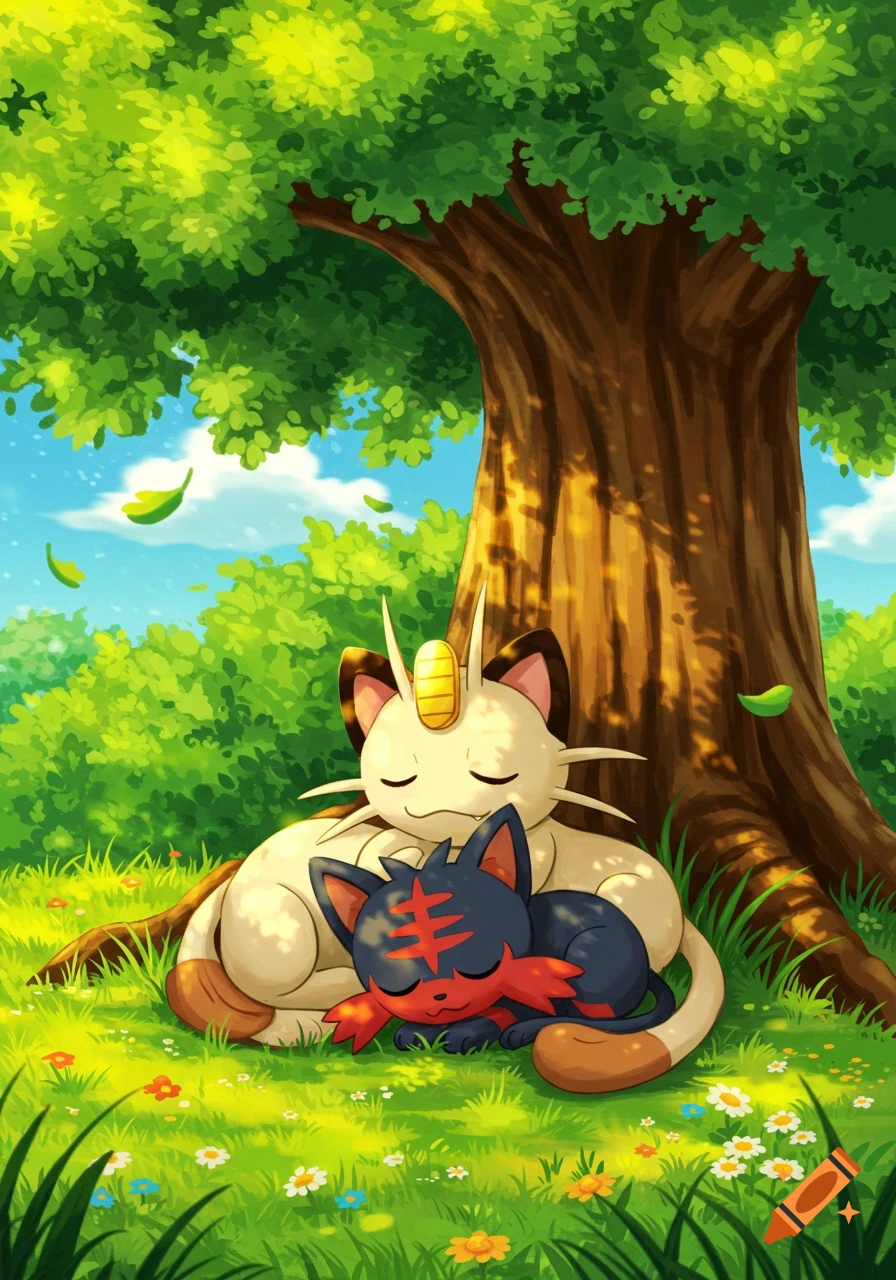 Meowth and Litten napping peacefully under a large tree in a vibrant anime style illustration.