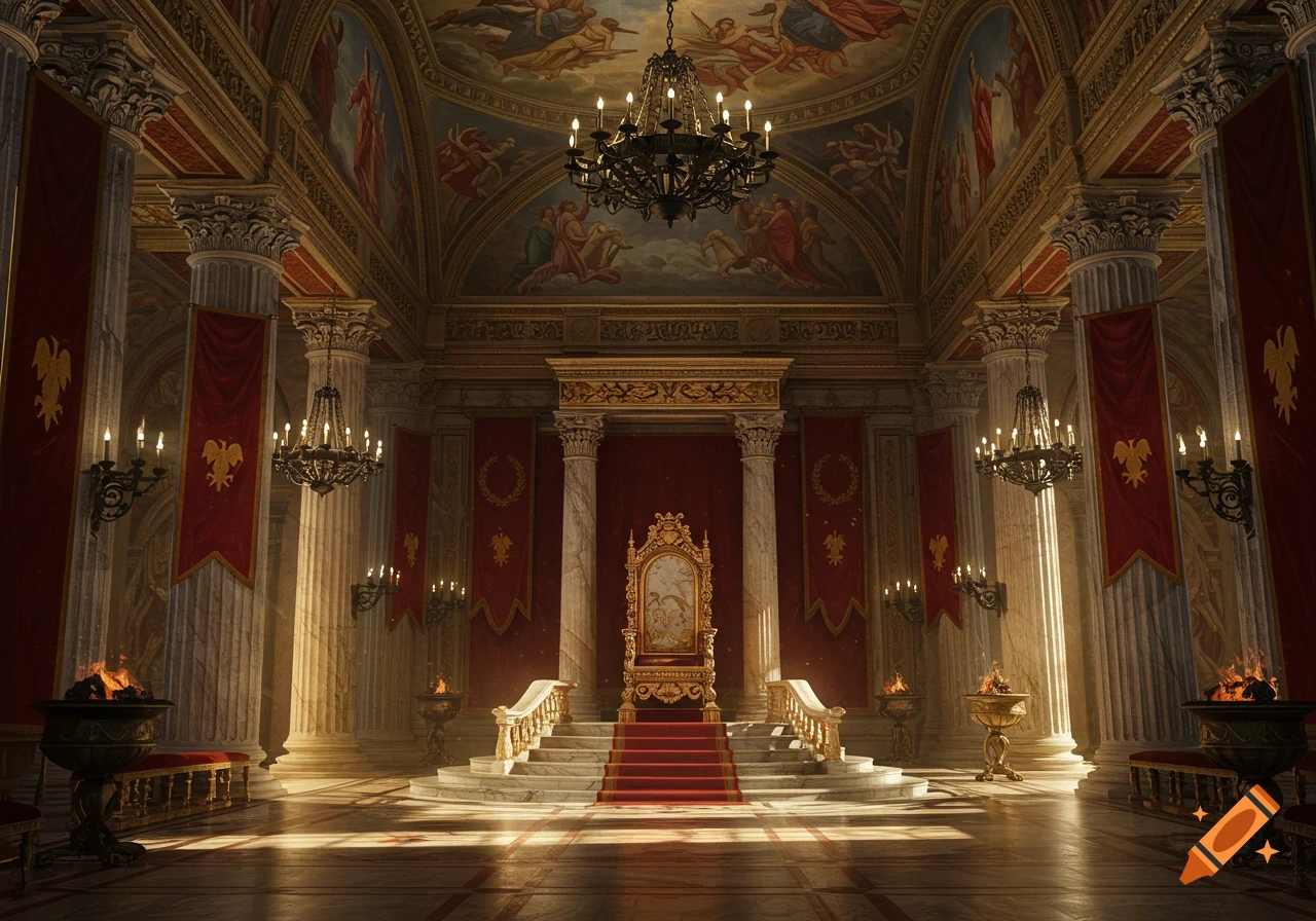 A grand, photorealistic Roman palace throne room with a golden throne, red carpet, marble pillars, ornate ceiling frescoes, and chandeliers, bathed in sunlight.