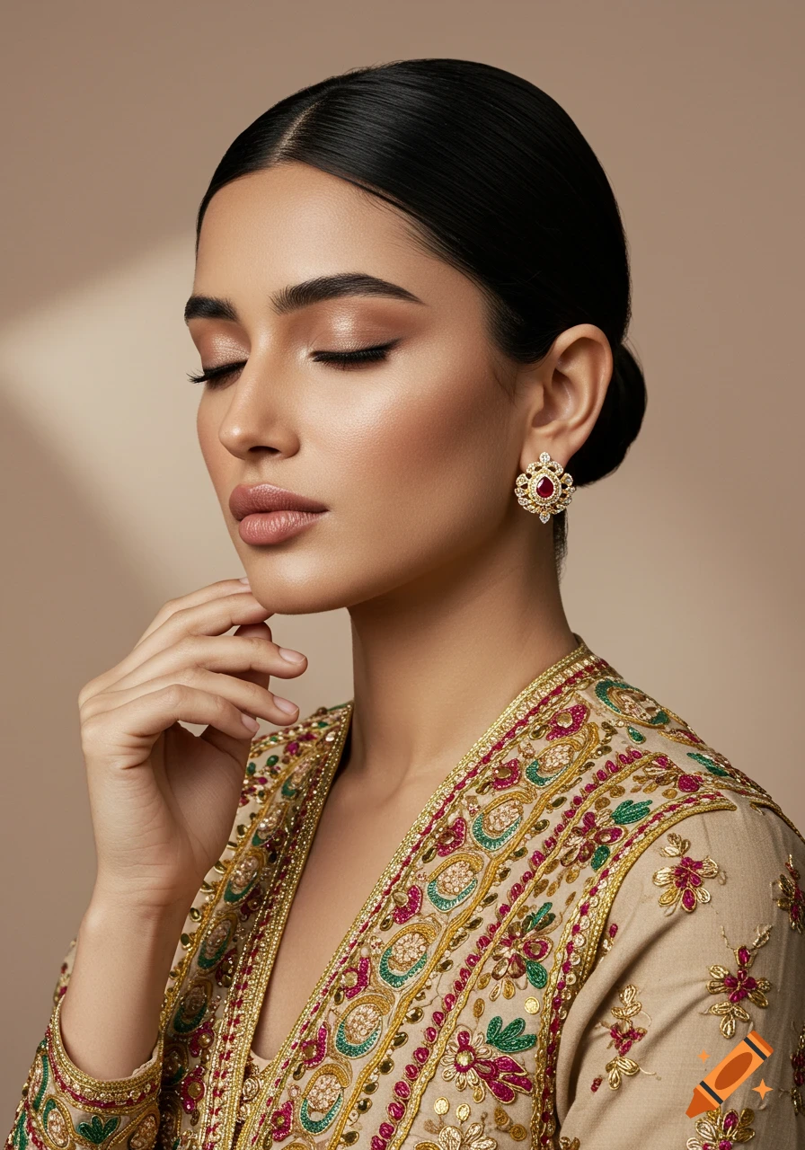 Close-up of an elegant Iranian model with closed eyes, wearing traditional embroidered clothing and a gold ruby earring. High-fashion editorial.
