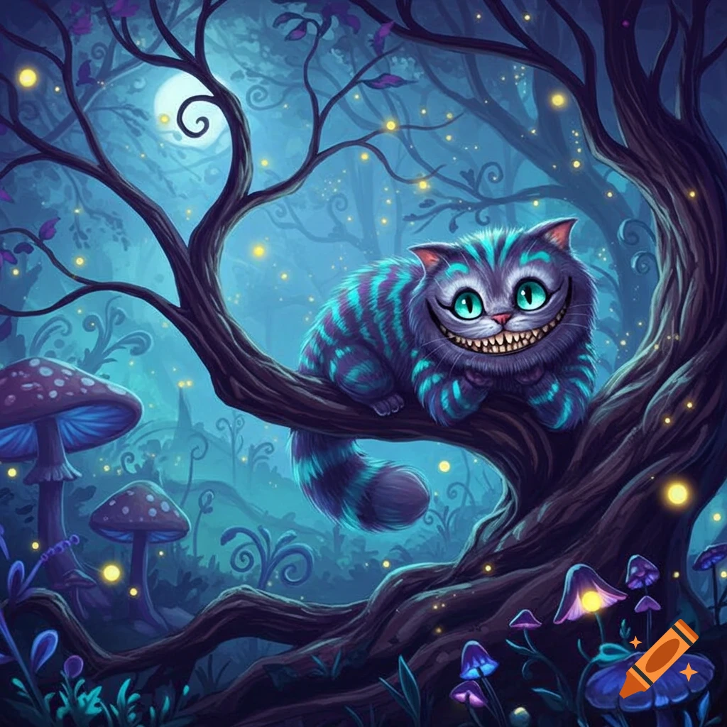 A vibrant, smiling Cheshire Cat with purple and teal stripes sits on a tree branch in a moonlit, mystical forest with glowing mushrooms.
