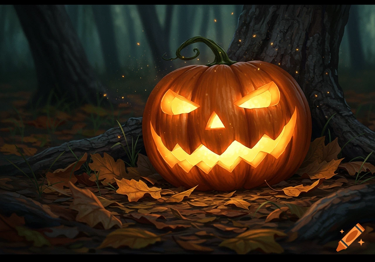 A glowing jack-o'-lantern with carved eyes and a jagged mouth sits on autumn leaves in a dark, magical forest.