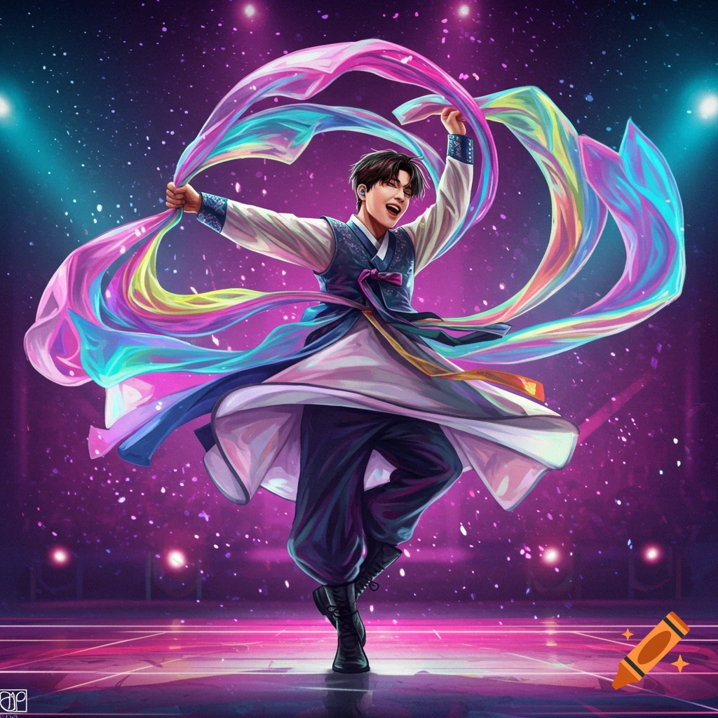 Vibrant digital art of a K-pop dancer in hanbok-inspired attire, gracefully holding colorful flowing ribbons on a sparkly stage.