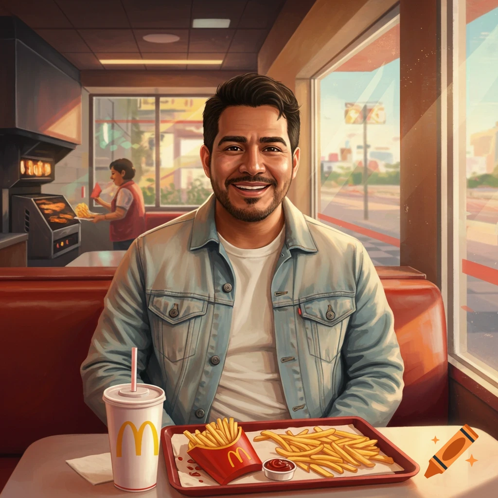 Smiling man in a denim jacket sits at a fast food restaurant table with a drink and fries, illustrated.