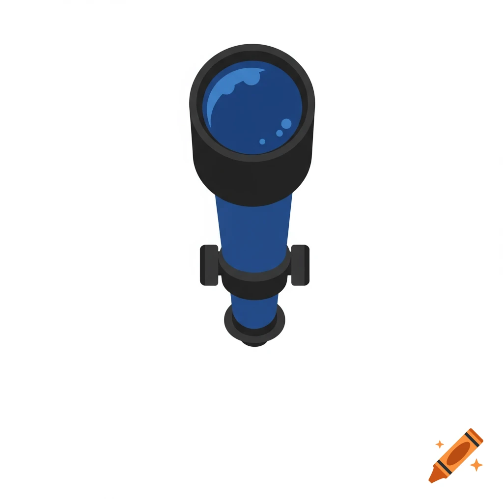An isometric illustration of a blue telescope with a black end, facing upwards, with the lens visible.
