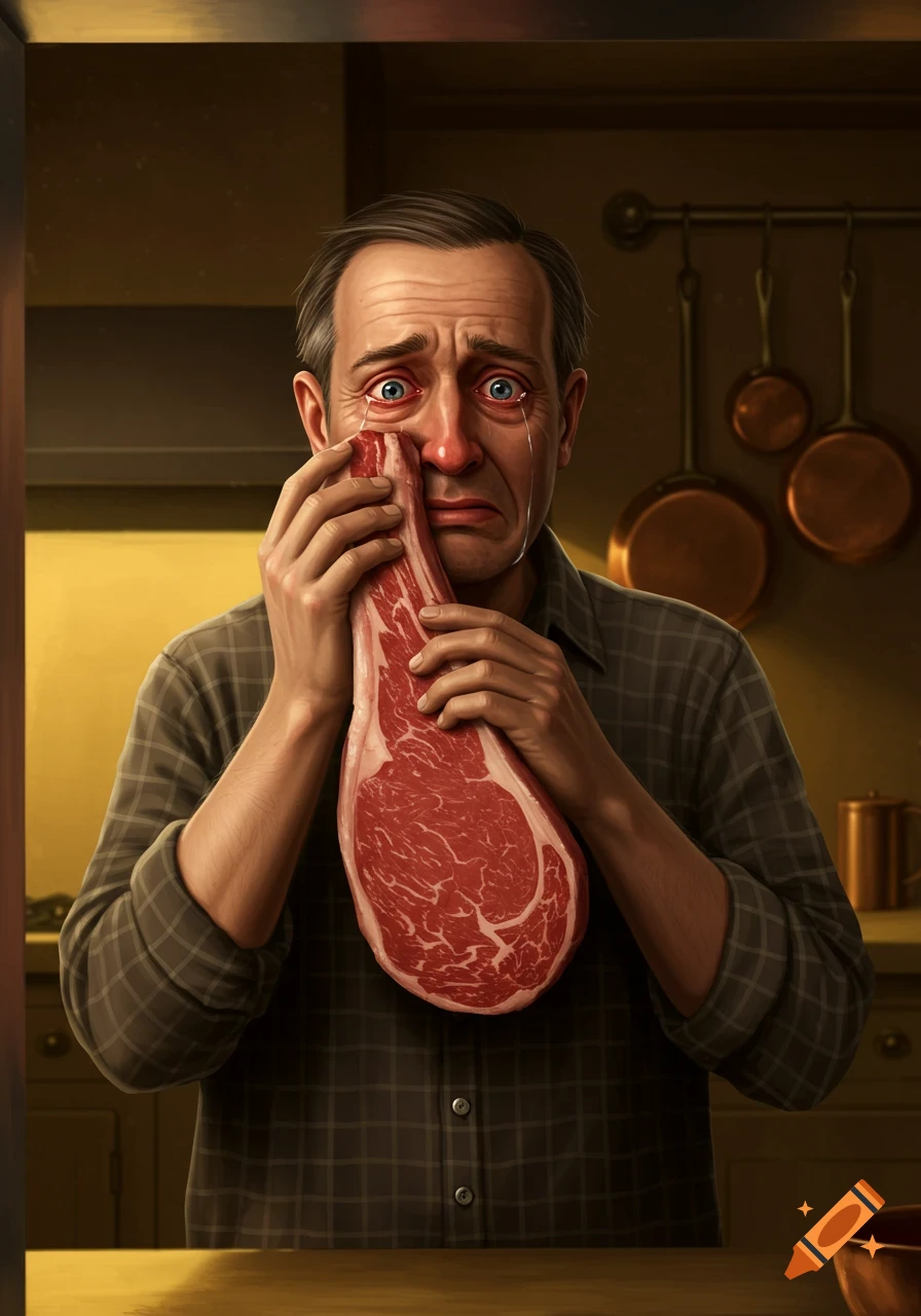 A photorealistic image of a man in a kitchen, crying intensely and wiping tears away with a large raw steak.