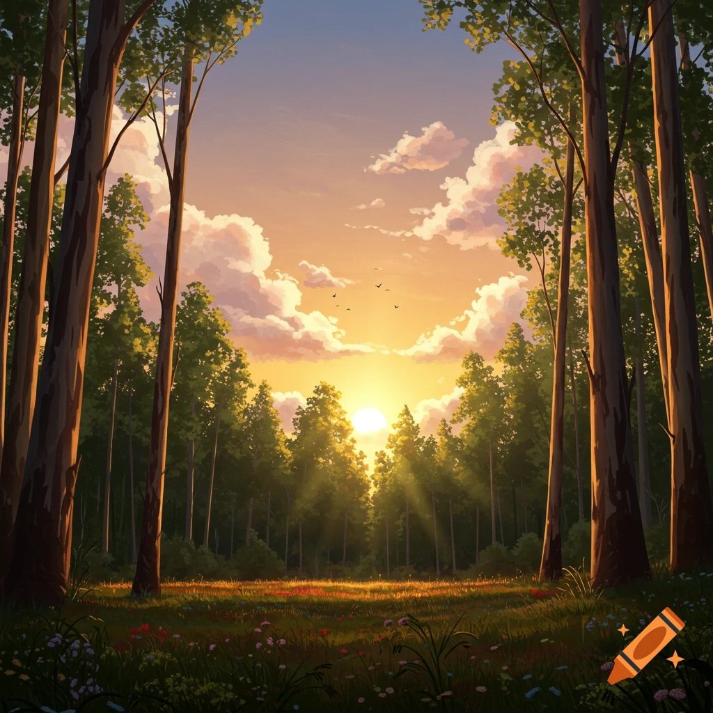 Anime-style landscape of a dense forest at sunset with vibrant orange and yellow hues, fluffy white clouds, and a sun setting over a field of wildflowers.
