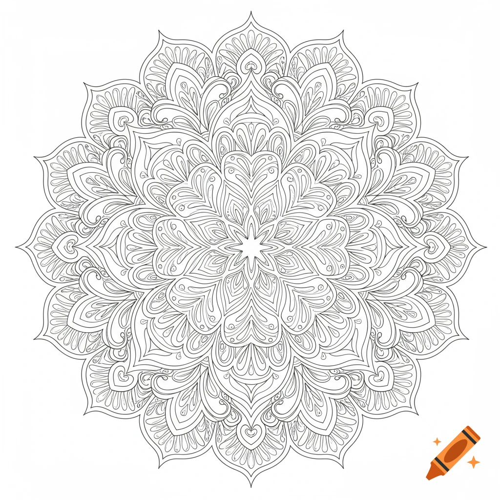 Detailed black and white line art mandala pattern for a coloring page, with intricate floral and geometric designs.