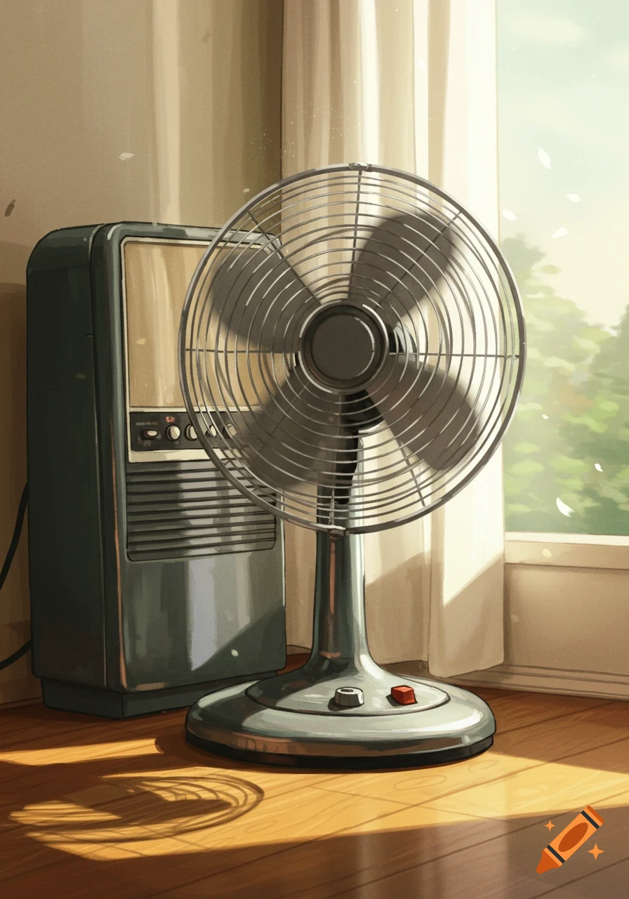 A retro standing fan and a vintage radio sit on a wooden floor in a sunlit room by a window, in an illustrative style.