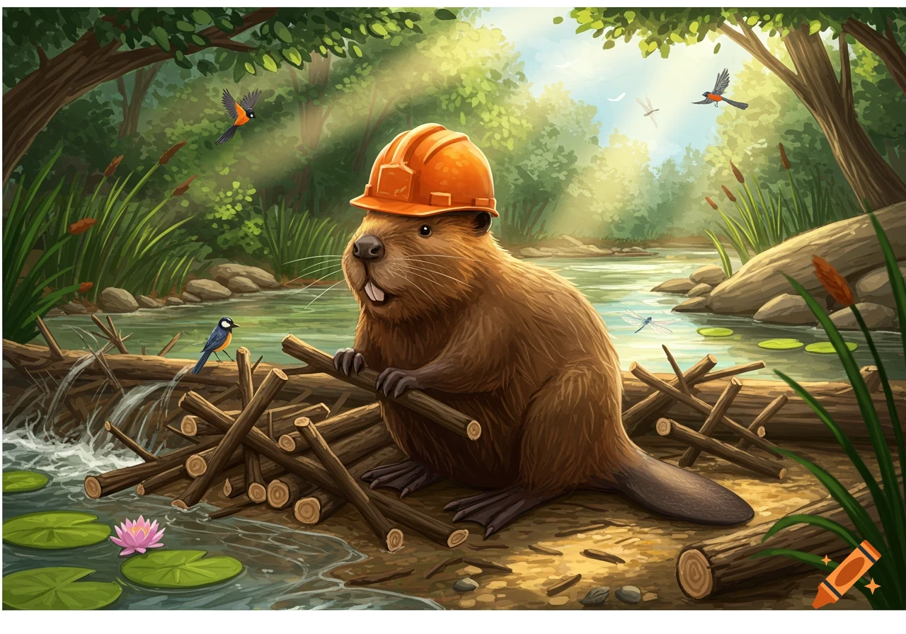 A cartoon beaver wearing an orange hard hat is building a wooden dam in a lush river scene.