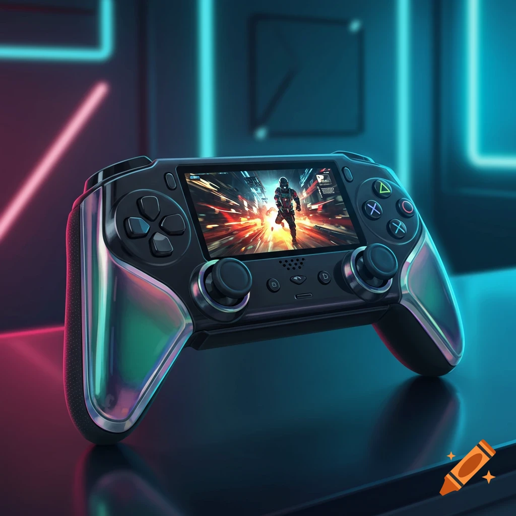 Sleek black gaming controller with a glowing screen displaying a futuristic action game, illuminated by blue and pink neon lights.