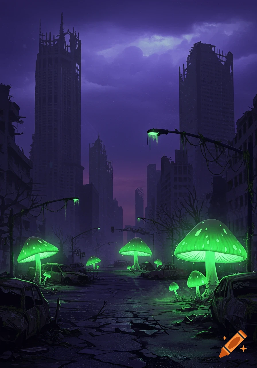 A digital art scene of a post-apocalyptic city with glowing green mushrooms, ruined buildings, abandoned cars, and a dark purple sky.