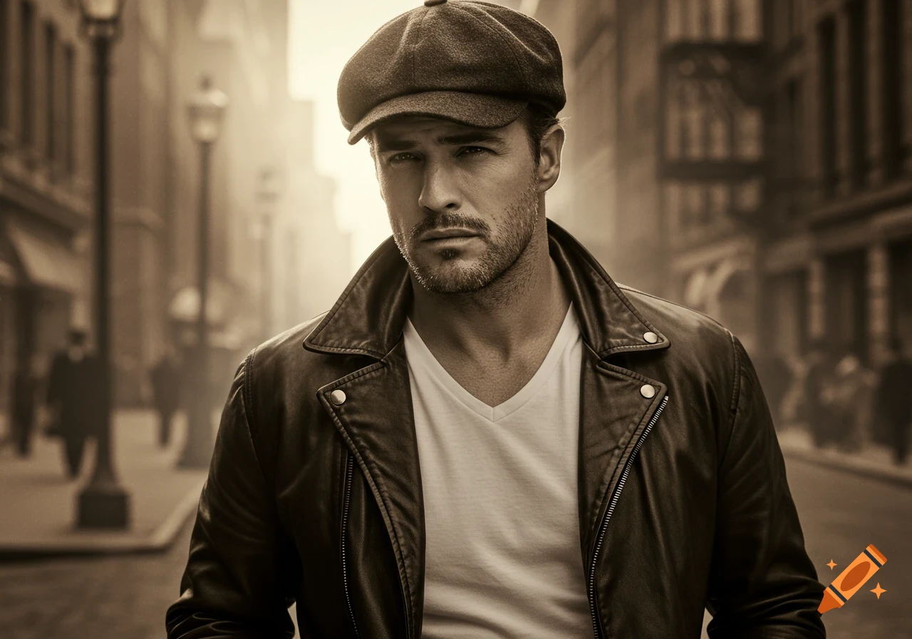 Photorealistic sepia-toned portrait of a man in a leather jacket and flat cap, looking forward on a city street.