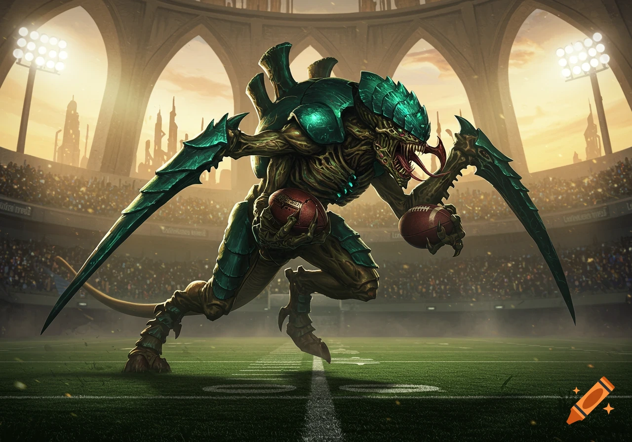 Photorealistic image of a green Tyranid alien creature playing American football in a stadium, running with two footballs.