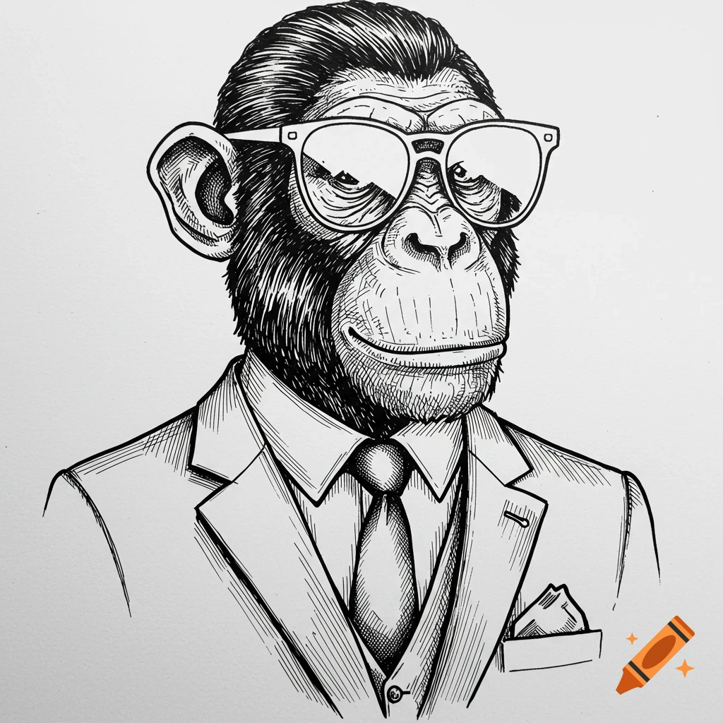 Black and white ink illustration of a chimpanzee in a suit and party sunglasses.