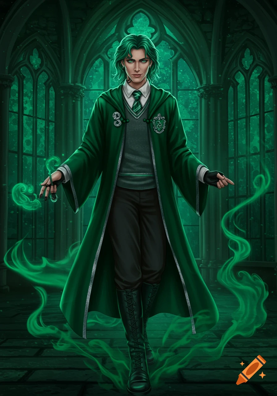 A male character with green hair, wearing a green Slytherin robe and uniform, stands in a dark, Gothic-style hall with green magical smoke swirling around him.
