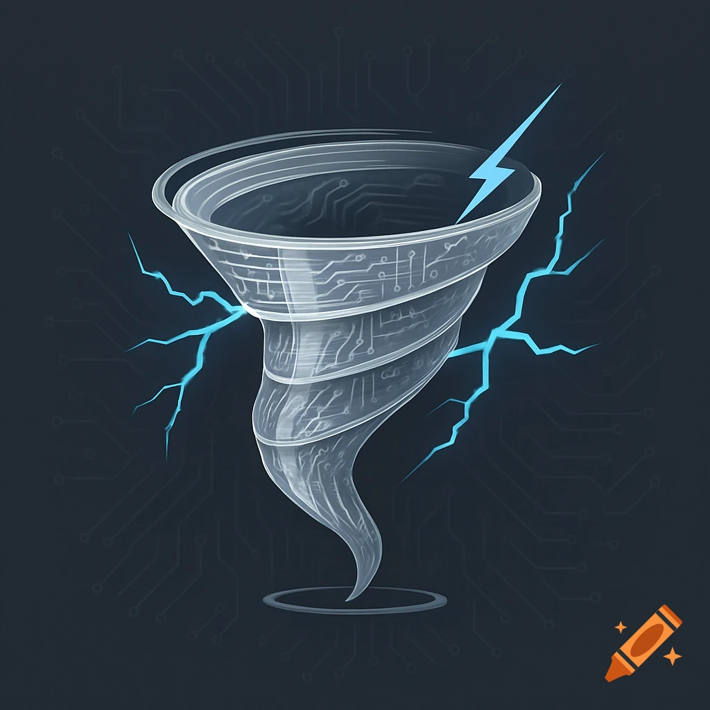A stylized transparent tornado with circuit board patterns and blue lightning, set against a dark circuit background, in a logo style.