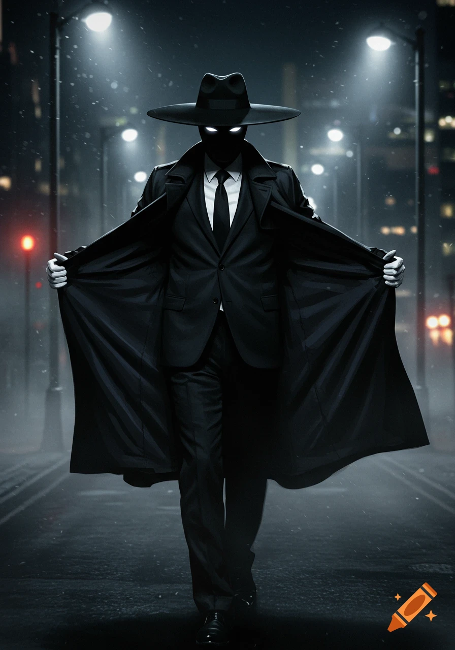 A mysterious figure in a black trench coat, suit, and fedora with glowing white eyes walks on a dark, rainy city street.