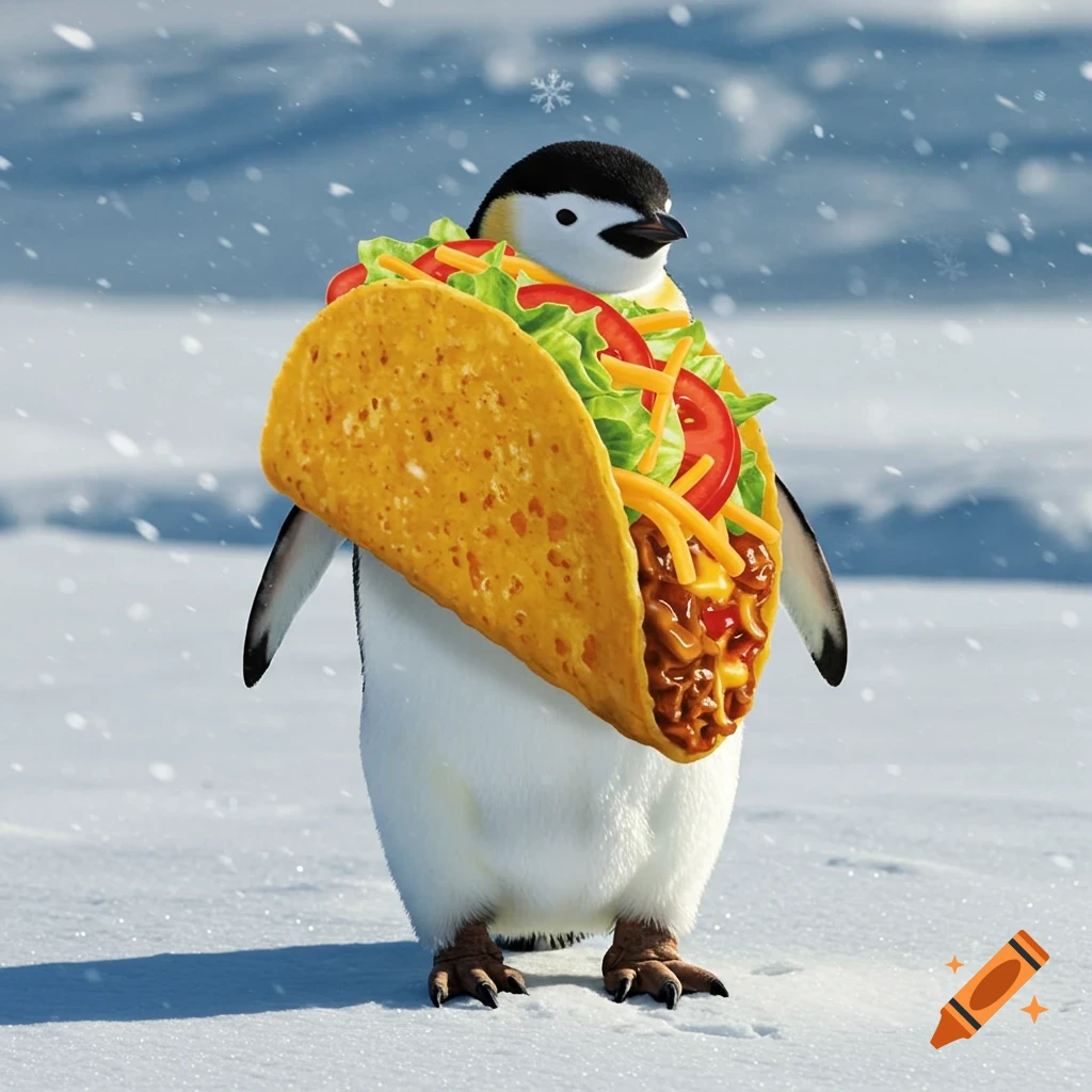 A photorealistic image of a penguin whose body is a large taco shell filled with meat, cheese, and vegetables, standing in a snowy landscape.