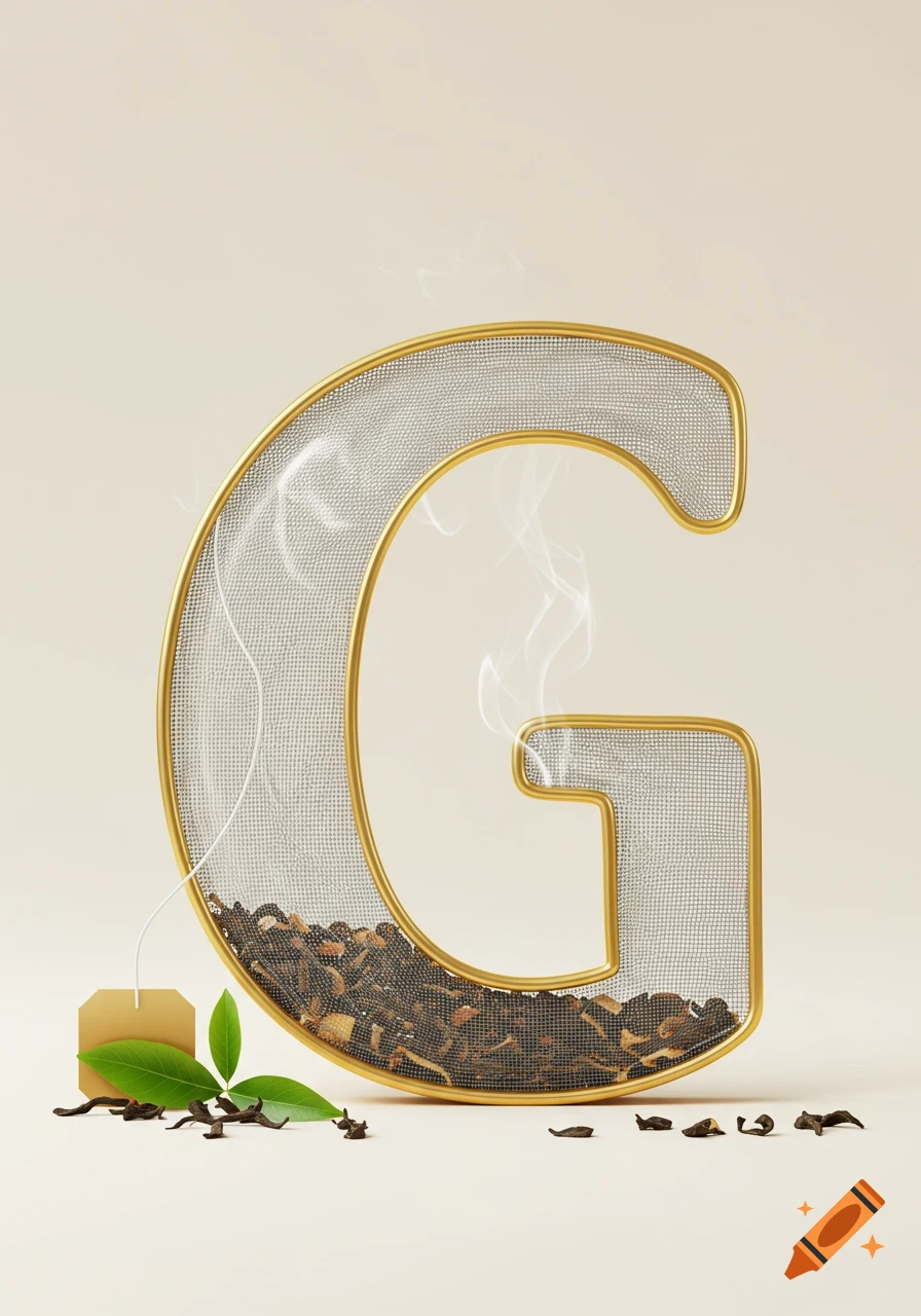 Photorealistic letter G shaped like a mesh tea infuser filled with tea leaves, with steam, a tea bag, and fresh leaves.