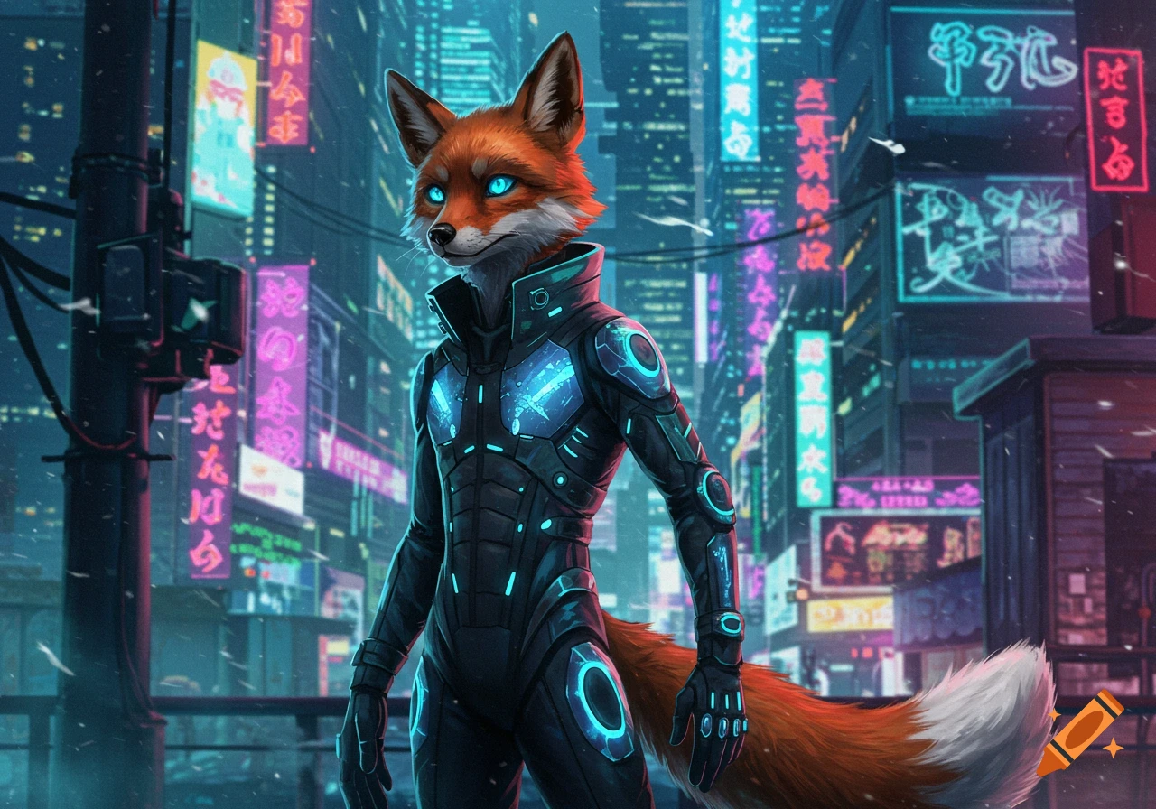 A futuristic anthropomorphic fox in a glowing black suit stands in a neon-lit cyberpunk city at night.