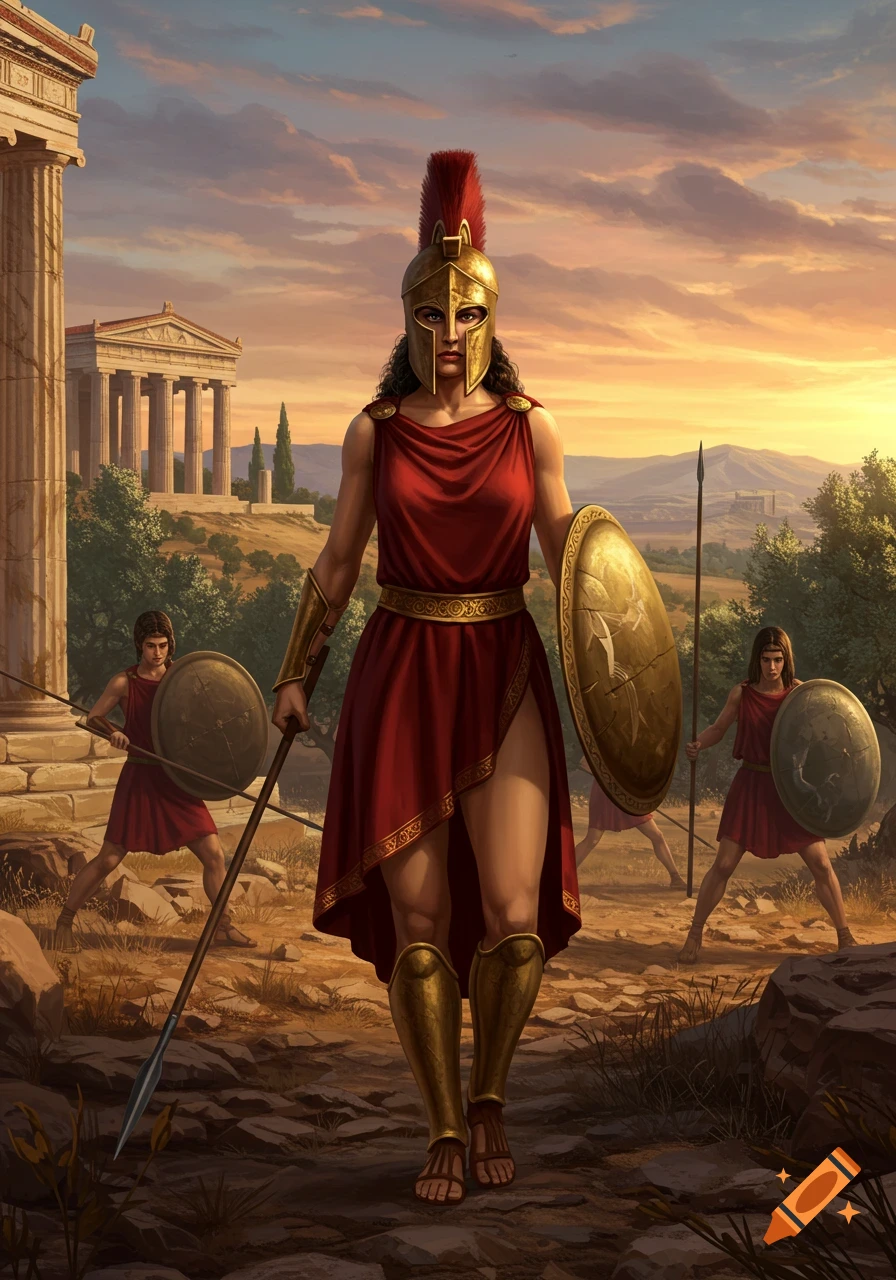 A powerful female Spartan warrior in red and gold armor stands with a spear and shield before ancient ruins at sunset, flanked by other warriors.