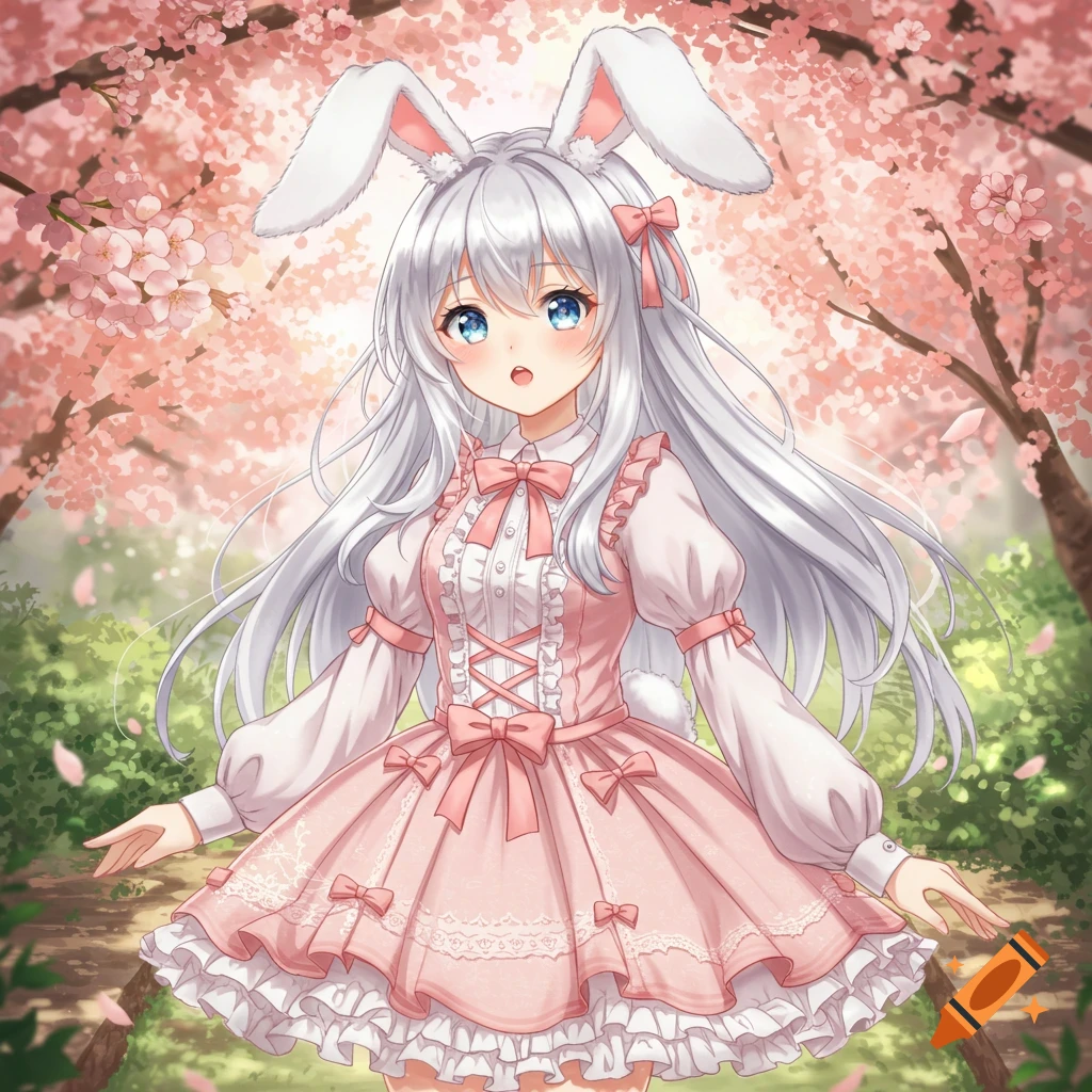 Anime bunny girl with white hair and blue eyes in a pink dress, standing under cherry blossom trees.
