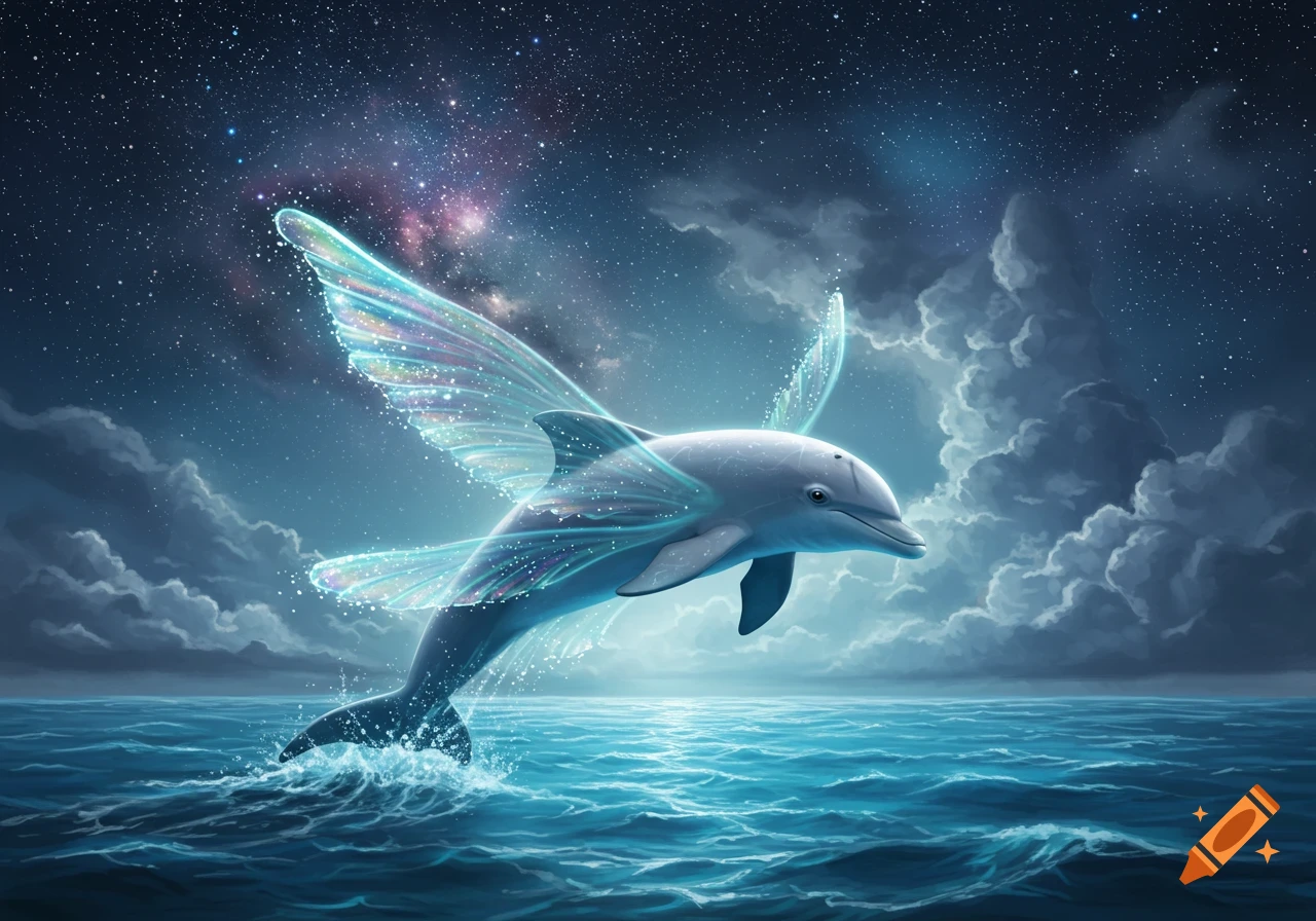A majestic dolphin with glowing, iridescent wings leaps from a dark blue ocean into a starry, cloudy night sky.