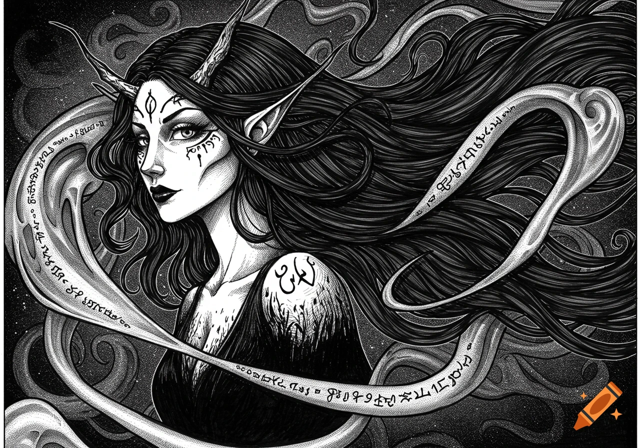 A black and white illustration of a witch-like woman with horns, pointed ears, and long dark hair, adorned with decorative, unreadable symbols on her face, shoulder, and on swirling ribbons around her.