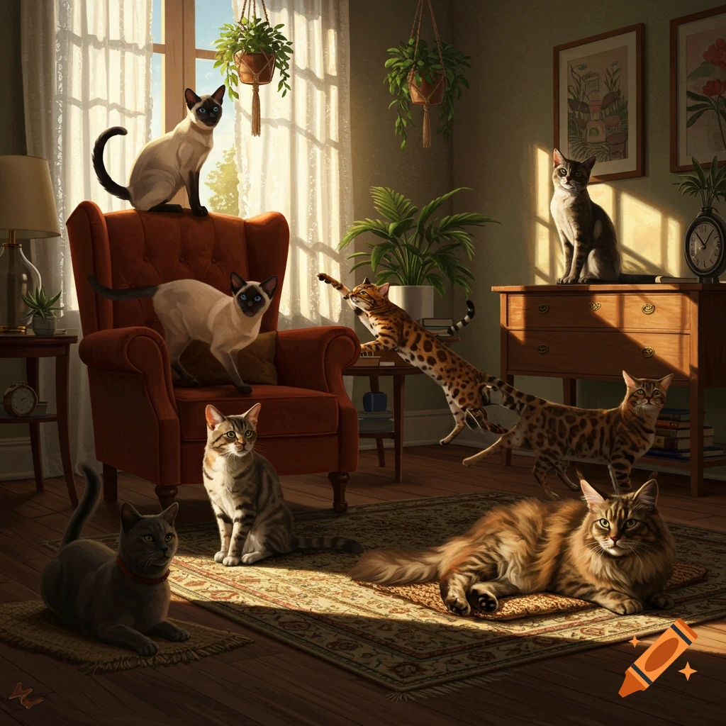 Multiple photorealistic cats in a sunlit room, some sitting on furniture, others playing or resting on a rug.