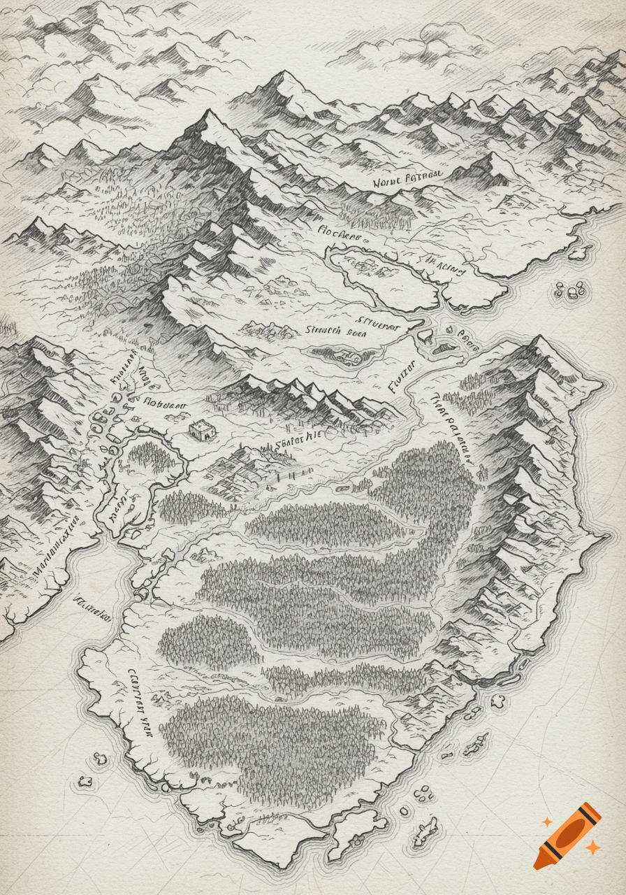 A detailed 3D fantasy world map, rendered as a pencil sketch, viewed from a side perspective. It features mountains, forests, rivers, lakes, and coastal areas with small islands.