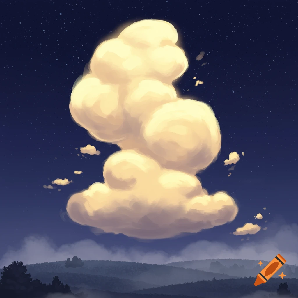 A large, pale yellow cloud floats in a star-speckled night sky above a misty, dark landscape.
