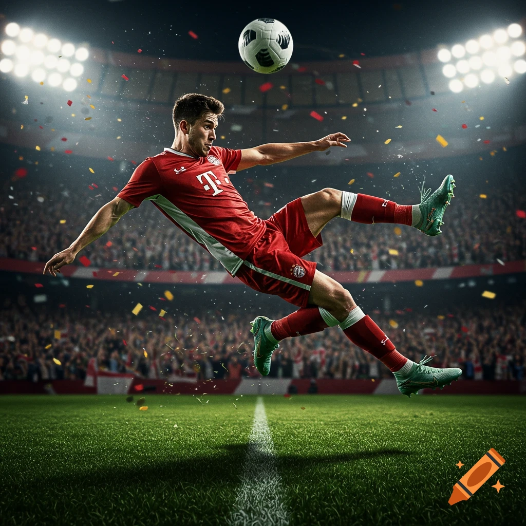 Photorealistic image of a male soccer player in a red uniform mid-air, kicking a football in a brightly lit stadium with confetti.