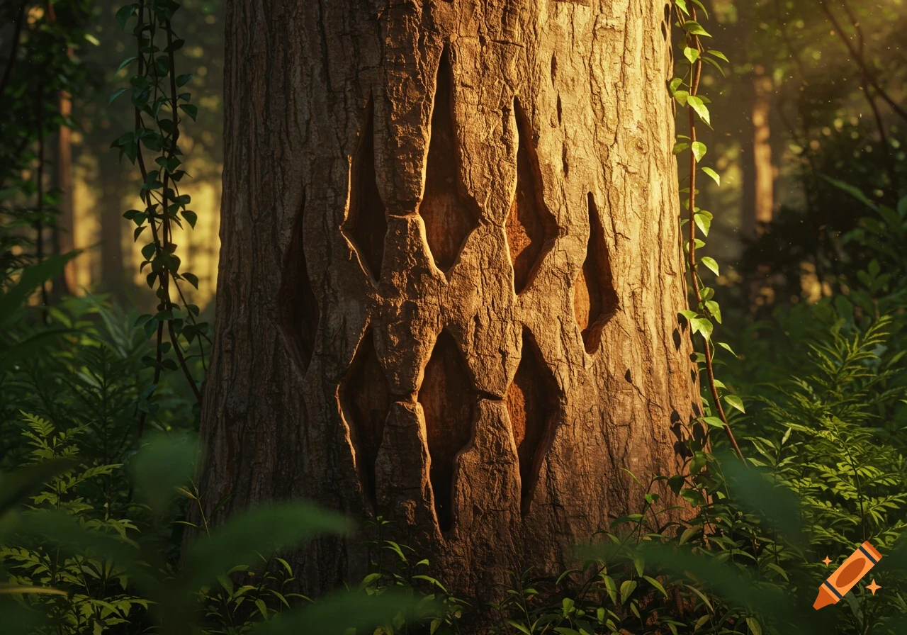 Photorealistic image of a tree trunk with deep, stylized claw marks in a sunlit forest, surrounded by green foliage.