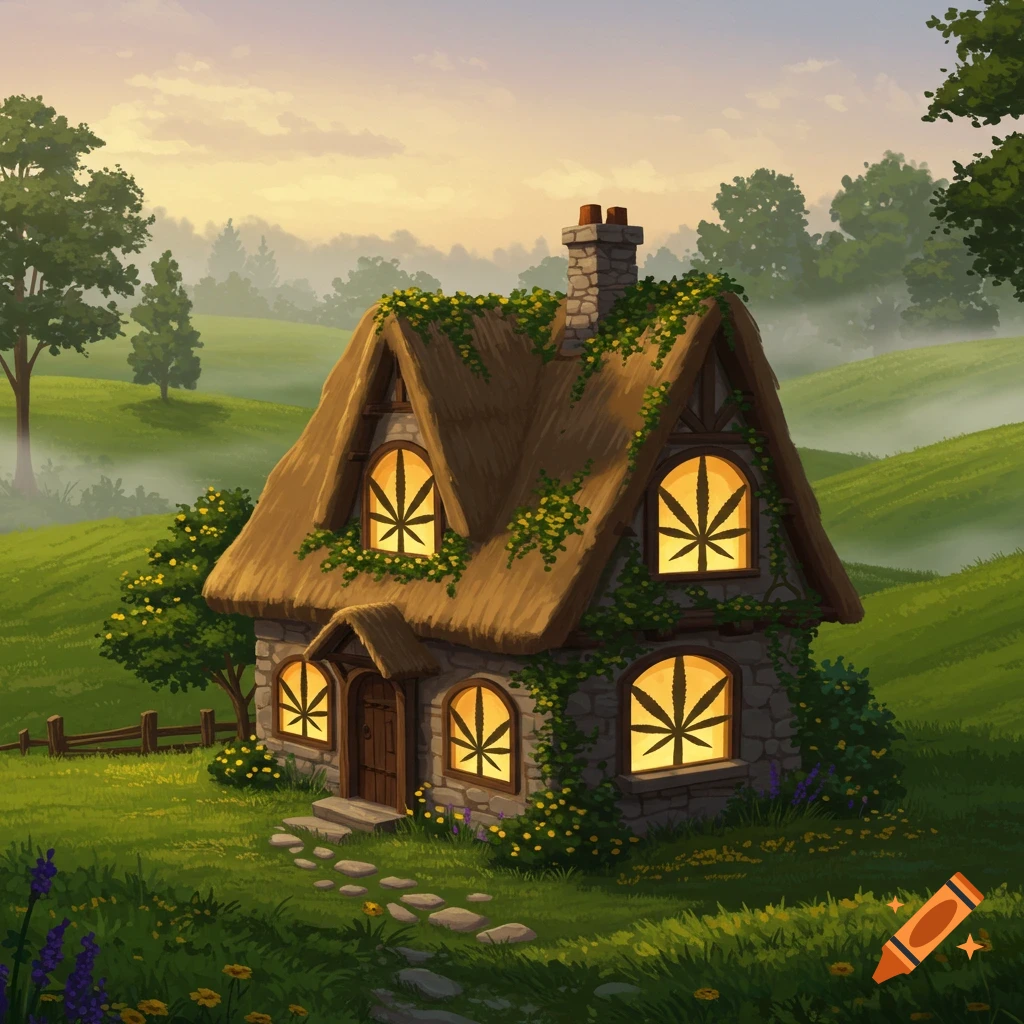 Whimsical cottage with thatched roof and marijuana leaf windows in a lush, misty green valley under a twilight sky, cartoon illustration style.