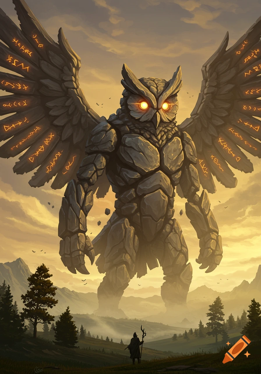 A colossal, stone owl-like monster with glowing eyes and runes on its wings towers over a small cloaked figure in a misty, mountainous landscape at sunset.