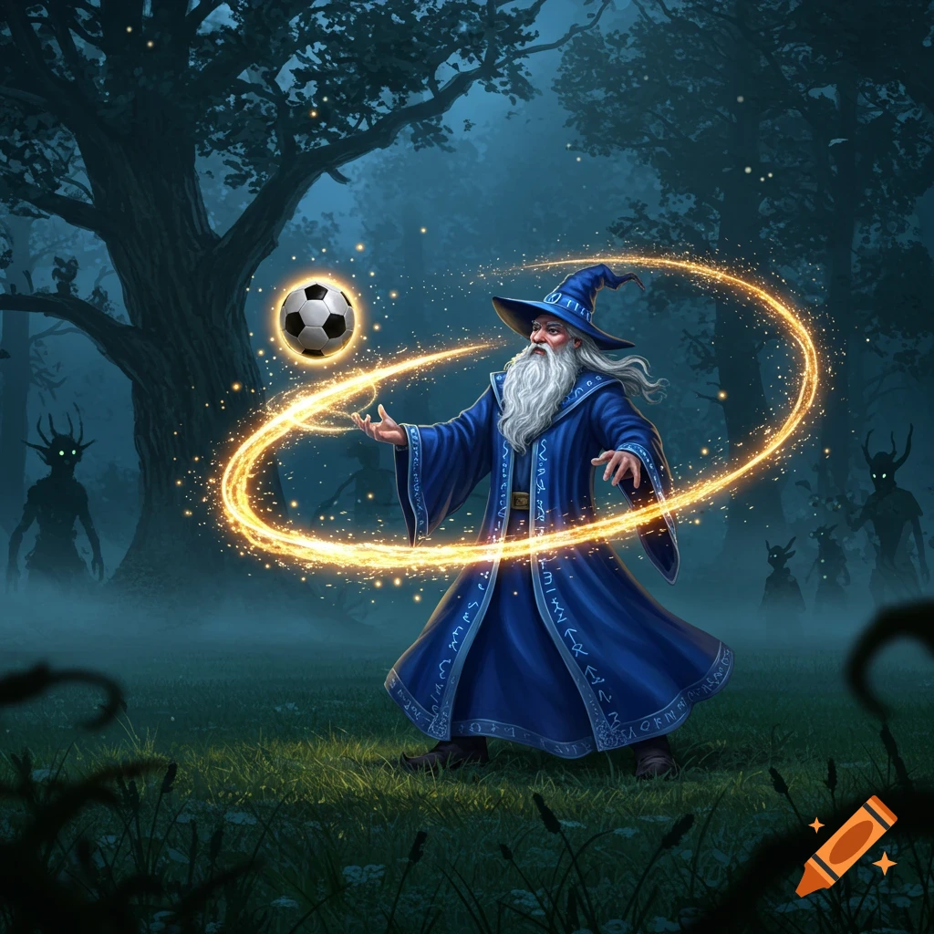 A wise wizard in a blue robe magically levitates a glowing soccer ball in a mystical, foggy forest with shadowy figures. Stylistic art.