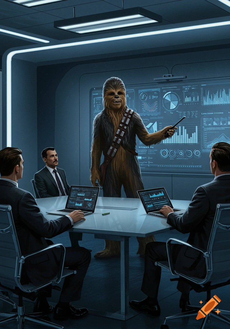Chewbacca points at a data-filled screen during a corporate presentation to three human executives in a sleek, futuristic meeting room.