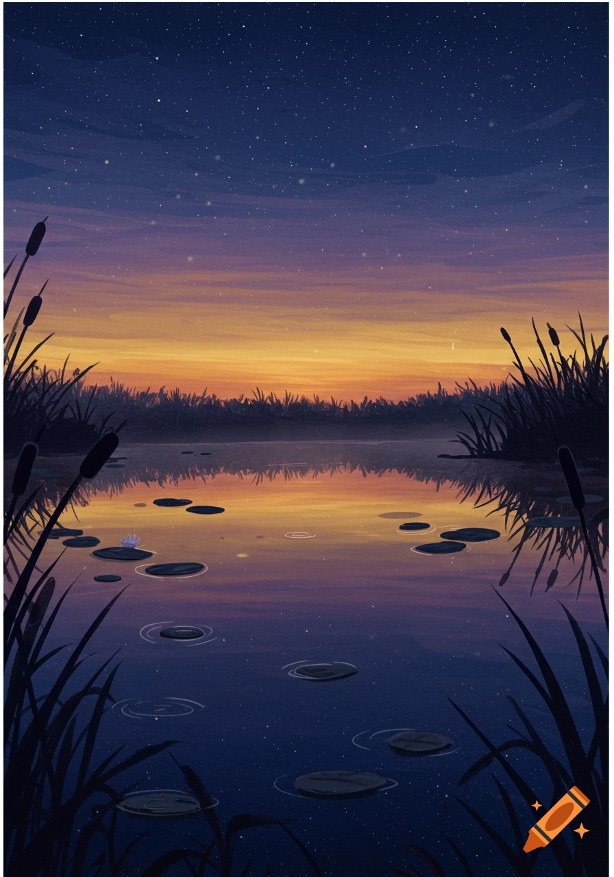 Illustrative scene of a serene pond at dusk with lily pads and cattails, reflecting a starry, colorful sunset sky.