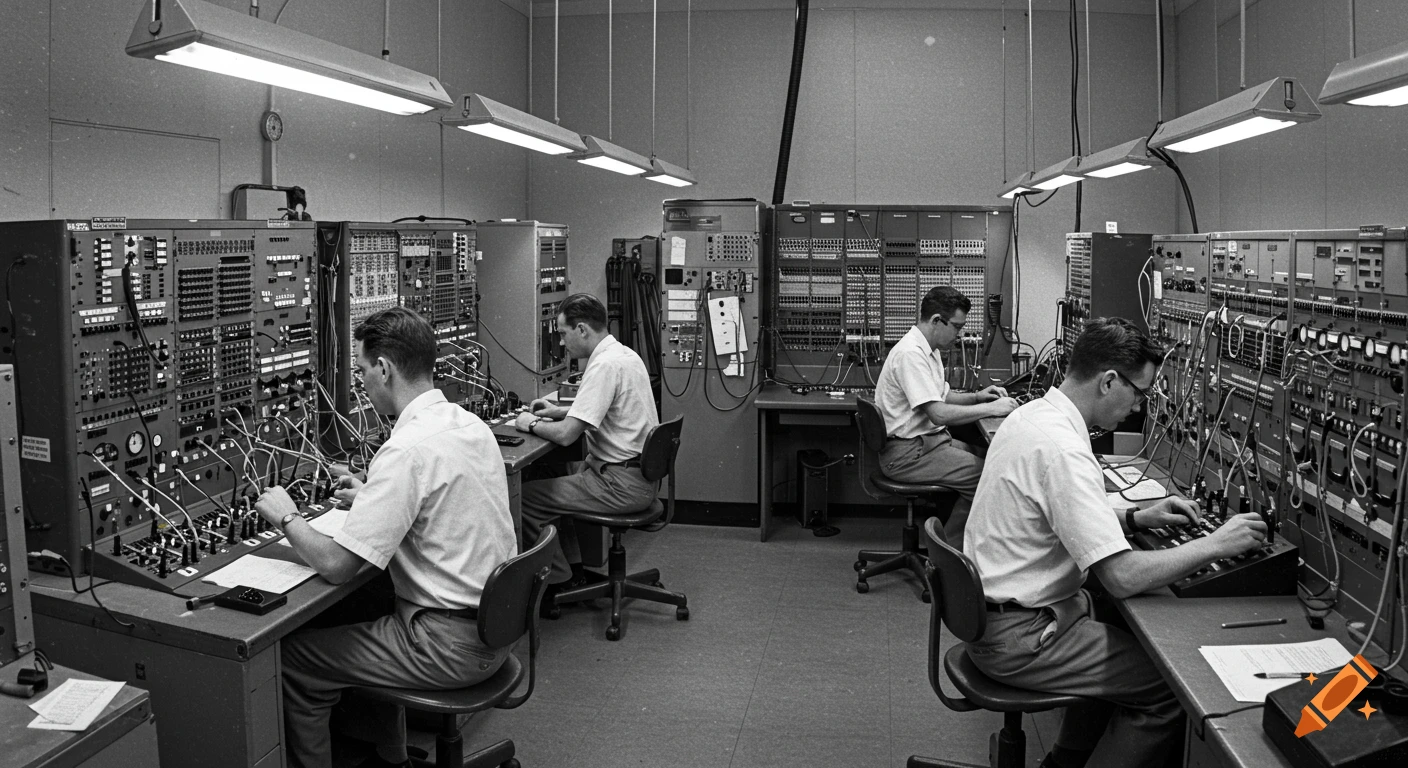 Four men work with vintage electronic equipment in a large black and white telecommunication room.
