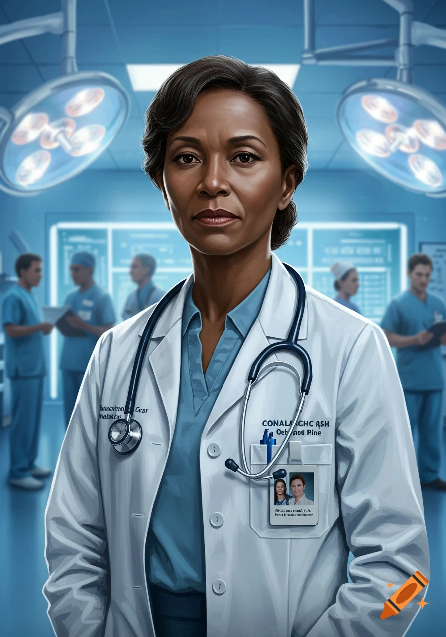 A professional-looking Black female doctor in a white lab coat and stethoscope, stands confidently in a brightly lit operating room, with blurred medical staff in the background, in a semi-realistic art style.