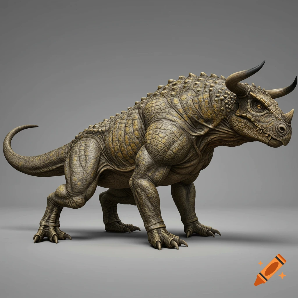 Photorealistic fantasy creature with scaly skin, bull-like horns, and a powerful reptilian body on a grey background.