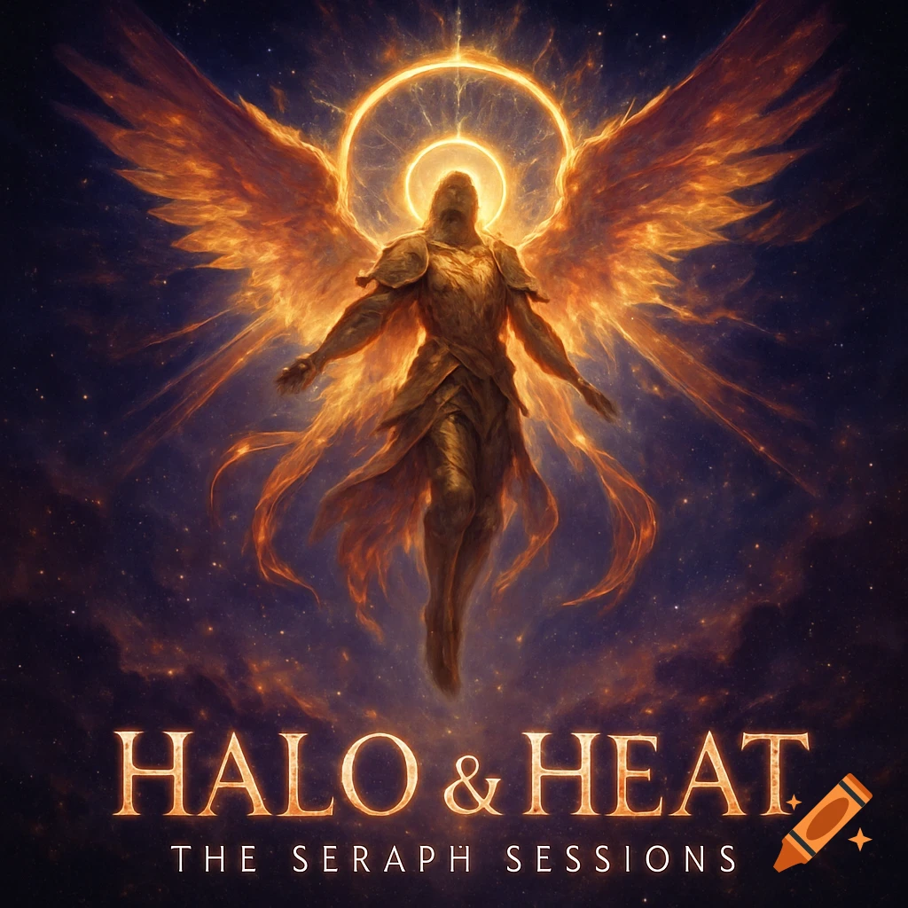A powerful, glowing angelic figure with fiery wings and a halo against a starry nebula, with 'Halo & Heat: The Seraph Sessions' text.