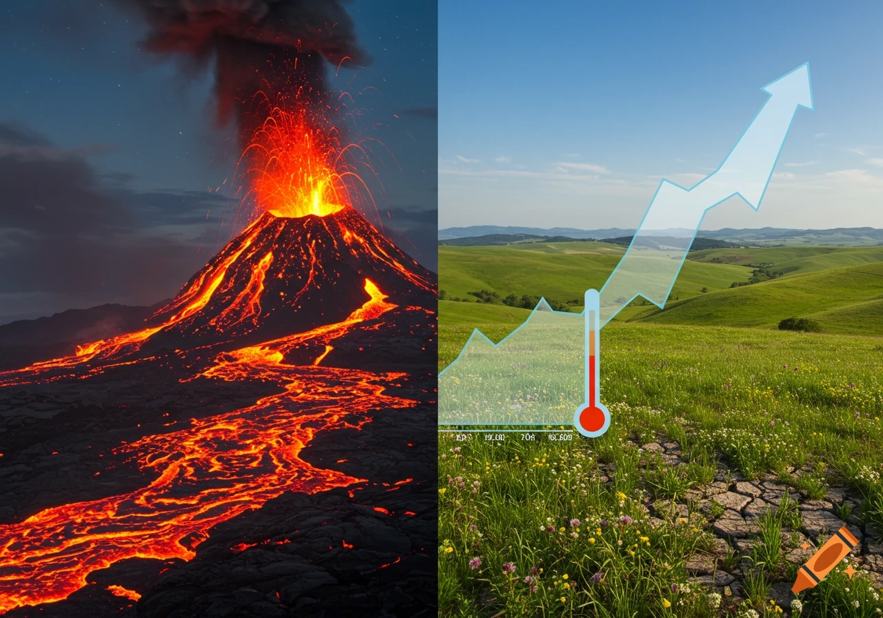A split image: one half shows a dramatic volcanic eruption with lava flowing, the other a serene green landscape with a rising temperature graph and thermometer.