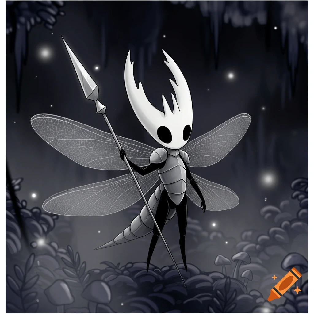 A Hollow Knight-style dragonfly knight character, with a white mask and large wings, holds a lance in a glowing, dark forest.