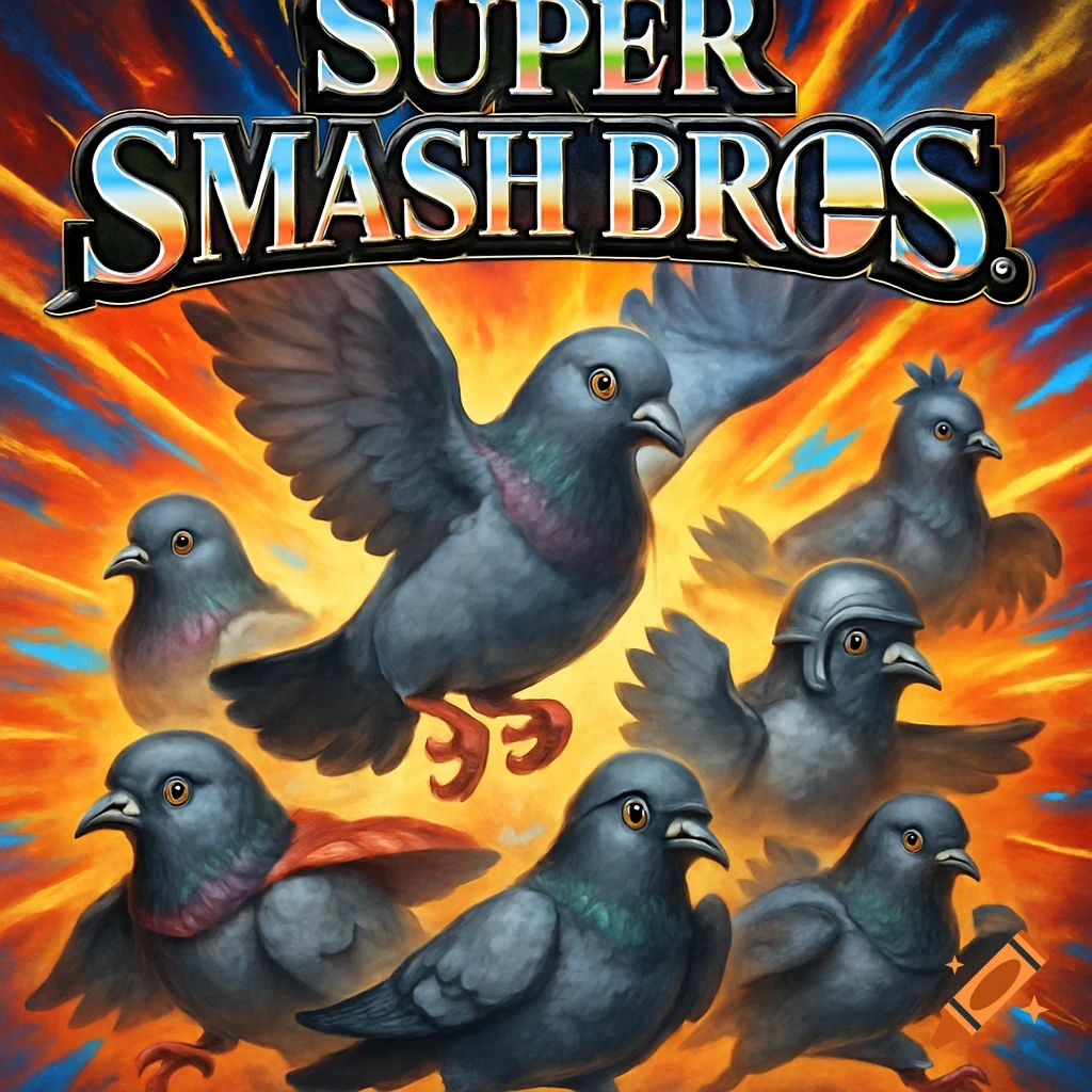 Cartoon parody of the Super Smash Bros. title screen featuring various pigeons, one in a cape and another in a helmet, on a vibrant explosive background.