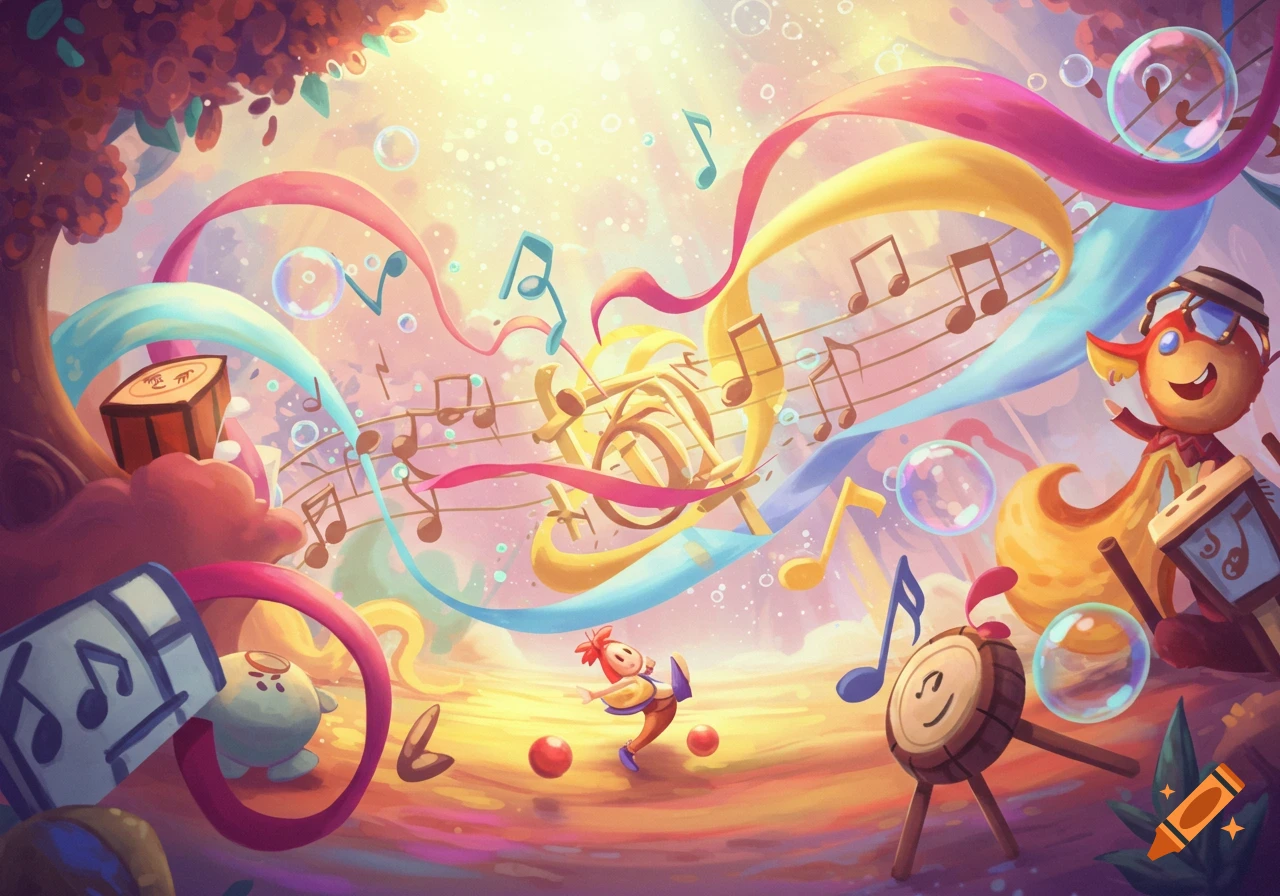 Colorful, whimsical cartoon illustration of a forest scene with small characters, ribbons, bubbles, and musical notes.
