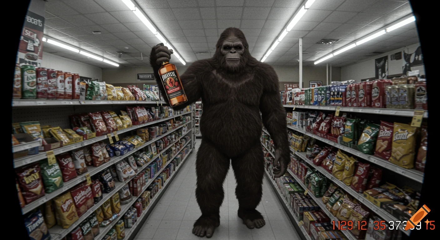 CCTV footage shows a large, hairy Bigfoot standing in a grocery store aisle, holding up a bottle of alcohol. Shelves of snacks and drinks line both sides.